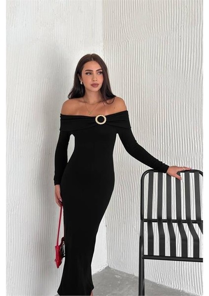 Dipmoda kadın madonna yaka toka detaylı triko elbise DPK2218