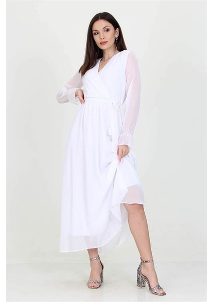 Kadın Beyaz Yeni Sezon Astarlı Kruvaze Yaka Uzun Şifon Elbise DP003