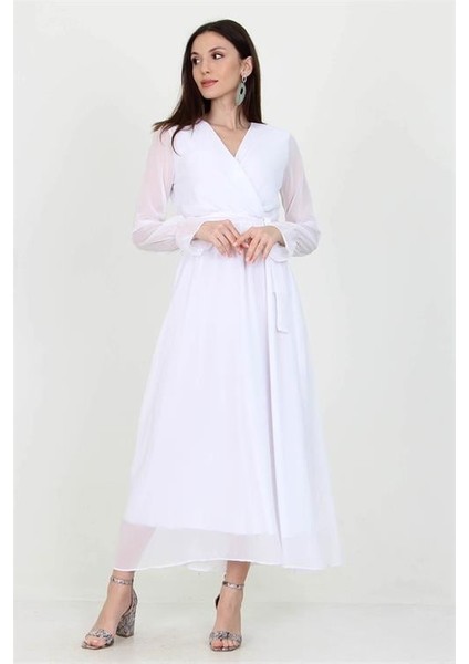 Kadın Beyaz Yeni Sezon Astarlı Kruvaze Yaka Uzun Şifon Elbise DP003 fiyatları