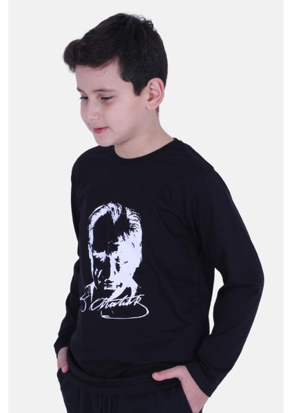 Atatürk Baskılı UZUN KOL Baskılı Atatürk Imzalı Unisex Çocuk T-shırt