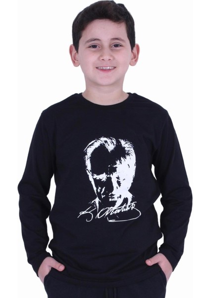 Atatürk Baskılı UZUN KOL Baskılı Atatürk Imzalı Unisex Çocuk T-shırt