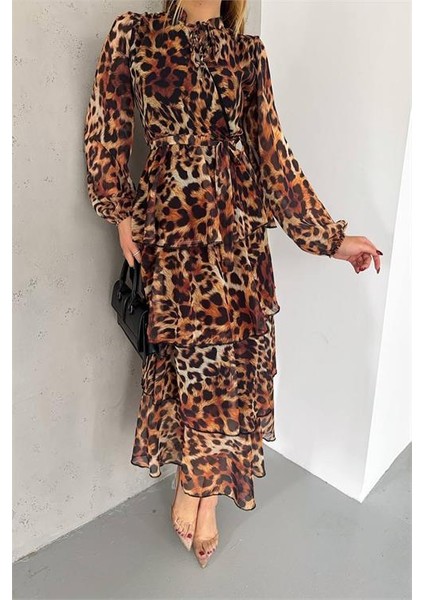 Dipmoda kadın eteği kat kat leopar desenli şifon elbise DPKKLF2036 modelleri