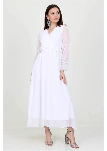 Kadın Beyaz Yeni Sezon Astarlı Kruvaze Yaka Uzun Şifon Elbise DP003 fırsatları