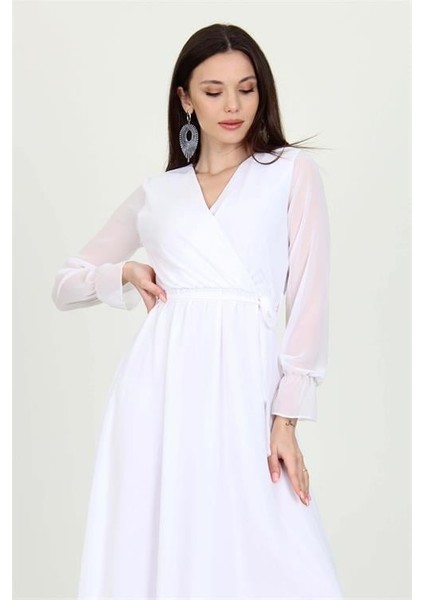 Kadın Beyaz Yeni Sezon Astarlı Kruvaze Yaka Uzun Şifon Elbise DP003 indirimleri