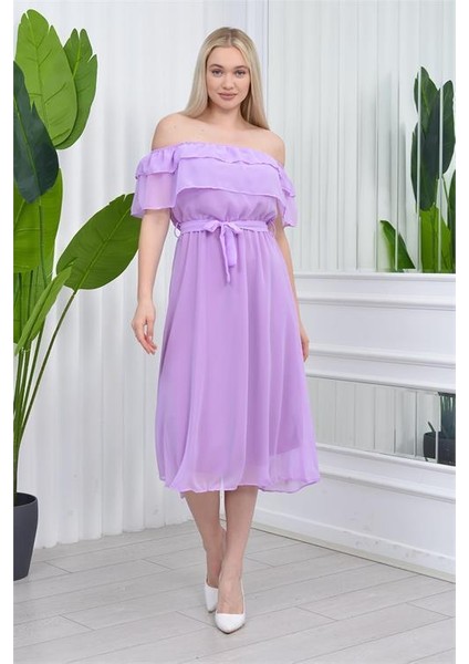 Dipmoda kadın carmen yaka astarlı şifon elbise RY8060 - Lila