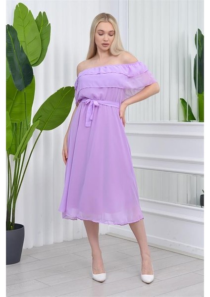 Dipmoda kadın carmen yaka astarlı şifon elbise RY8060 - Lila fiyatları