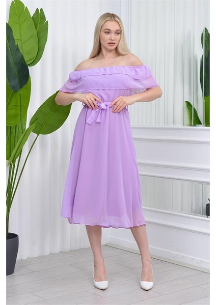 Dipmoda kadın carmen yaka astarlı şifon elbise RY8060 - Lila fırsatları