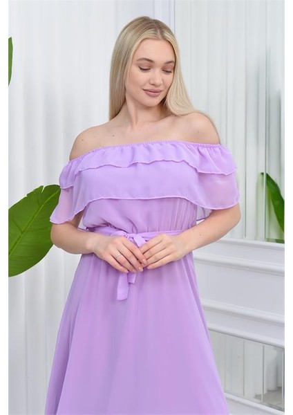 Dipmoda kadın carmen yaka astarlı şifon elbise RY8060 - Lila indirimleri