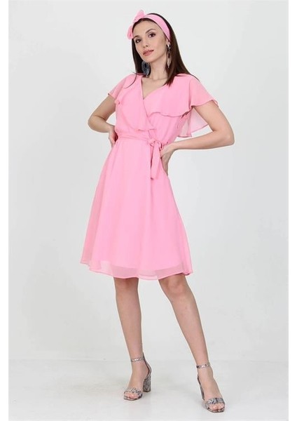 Dipmoda kadın midi boy yeni sezon kruvaze yaka melek kol şifon elbise RY8081 fiyatları