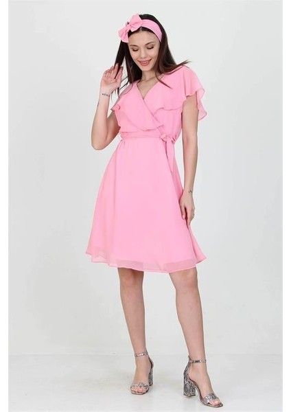 Dipmoda kadın midi boy yeni sezon kruvaze yaka melek kol şifon elbise RY8081 modelleri