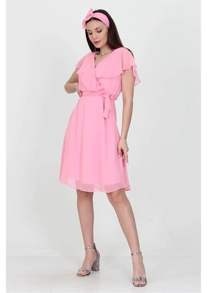 Dipmoda kadın midi boy yeni sezon kruvaze yaka melek kol şifon elbise RY8081 indirimleri