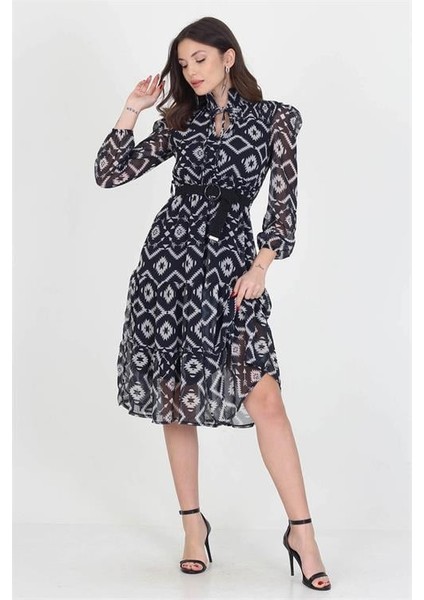 Dipmoda kadın kemerli yakası bağlama detaylı midi boy gipeli şifon elbise DP0006