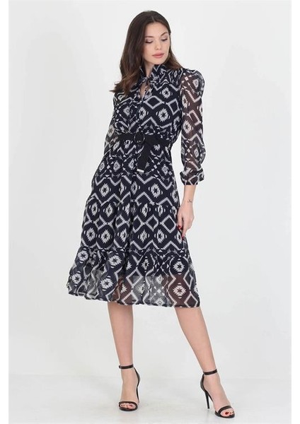 Dipmoda kadın kemerli yakası bağlama detaylı midi boy gipeli şifon elbise DP0006 fiyatları