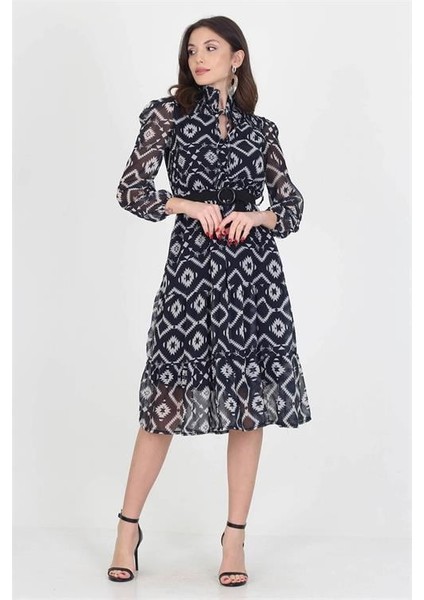 Dipmoda kadın kemerli yakası bağlama detaylı midi boy gipeli şifon elbise DP0006 modelleri