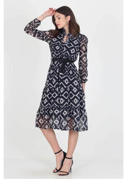 Dipmoda kadın kemerli yakası bağlama detaylı midi boy gipeli şifon elbise DP0006 fırsatları