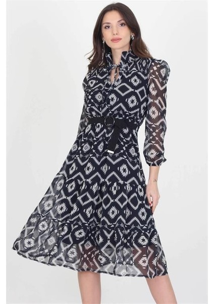 Dipmoda kadın kemerli yakası bağlama detaylı midi boy gipeli şifon elbise DP0006 indirimleri