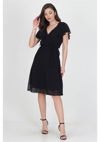 Dipmoda kadın midi boy yeni sezon kruvaze yaka melek kol şifon elbise RY8081 modelleri