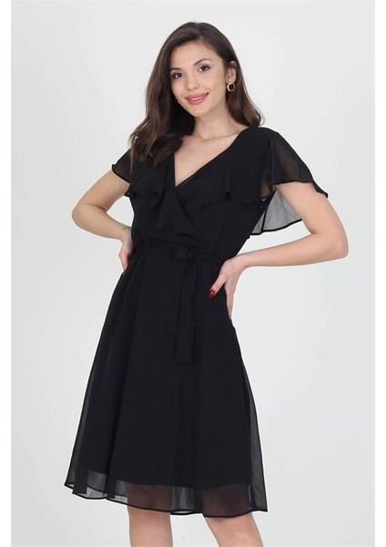 Dipmoda kadın midi boy yeni sezon kruvaze yaka melek kol şifon elbise RY8081 fırsatları