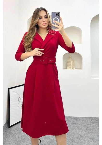 Dipmoda kadını gömlek yaka kemerli örme elbise DP0016