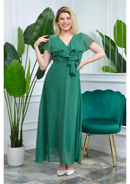 Dipmoda Kadın Zümrüt Yeşili Kruvaze Yaka Bağlama Detaylı Astarlı Şifon Elbise KTS001