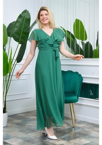 Dipmoda Kadın Zümrüt Yeşili Kruvaze Yaka Bağlama Detaylı Astarlı Şifon Elbise KTS001 fiyatları