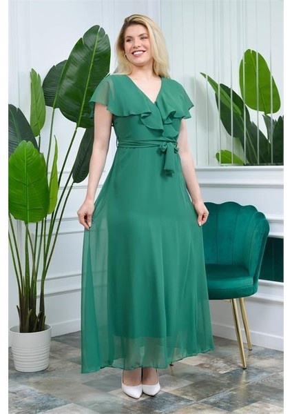 Dipmoda Kadın Zümrüt Yeşili Kruvaze Yaka Bağlama Detaylı Astarlı Şifon Elbise KTS001 modelleri