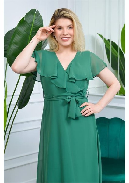Dipmoda Kadın Zümrüt Yeşili Kruvaze Yaka Bağlama Detaylı Astarlı Şifon Elbise KTS001 fırsatları