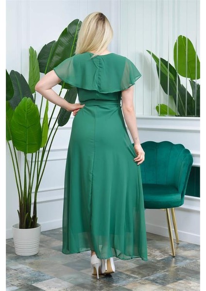 Dipmoda Kadın Zümrüt Yeşili Kruvaze Yaka Bağlama Detaylı Astarlı Şifon Elbise KTS001 indirimleri
