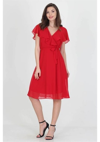 Dipmoda kadın midi boy yeni sezon kruvaze yaka melek kol şifon elbise RY8081