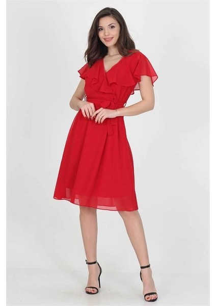 Dipmoda kadın midi boy yeni sezon kruvaze yaka melek kol şifon elbise RY8081 fiyatları