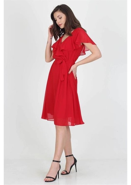 Dipmoda kadın midi boy yeni sezon kruvaze yaka melek kol şifon elbise RY8081 modelleri