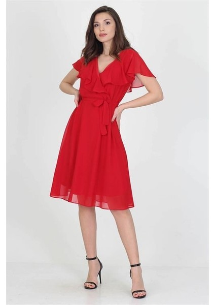 Dipmoda kadın midi boy yeni sezon kruvaze yaka melek kol şifon elbise RY8081 fırsatları