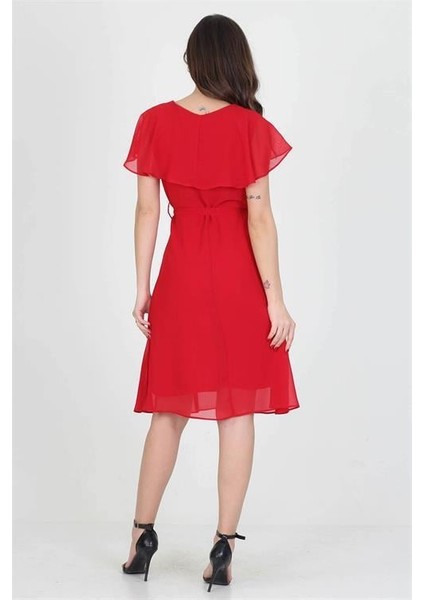 Dipmoda kadın midi boy yeni sezon kruvaze yaka melek kol şifon elbise RY8081 indirimleri