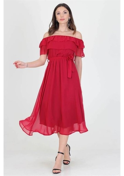 Dipmoda kadın yeni sezon madonna yaka bağlama detaylı şifon elbise RY8060