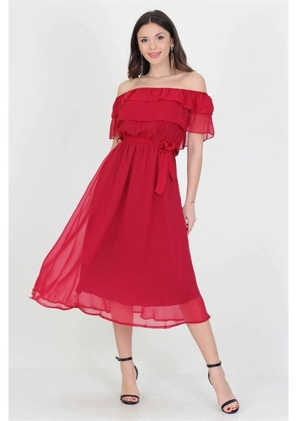 Dipmoda kadın yeni sezon madonna yaka bağlama detaylı şifon elbise RY8060 fiyatları