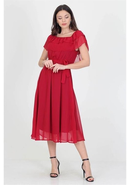 Dipmoda kadın yeni sezon madonna yaka bağlama detaylı şifon elbise RY8060 modelleri