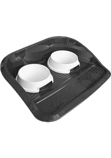 Servis Tepsili Plastik Ikili Kedi Köpek Mama ve Su Kabı 35X46 cm Siyah-Beyaz
