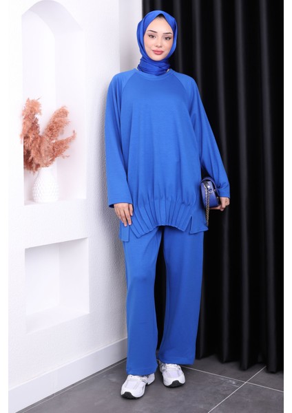 Saks Mavi Nervürlü Pantolonlu Oys Takım