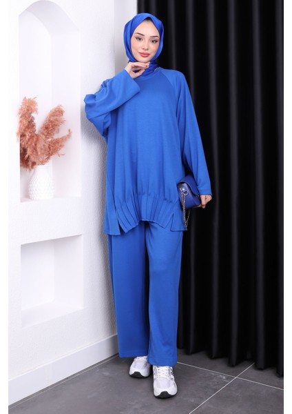 Saks Mavi Nervürlü Pantolonlu Oys Takım