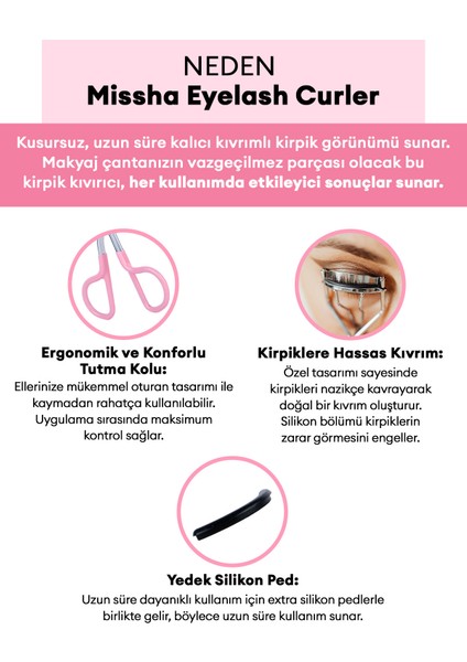 Pembe Detaylı Kirpik Kıvırıcı Eyelash Curler (Yedek Silikon Pedli)