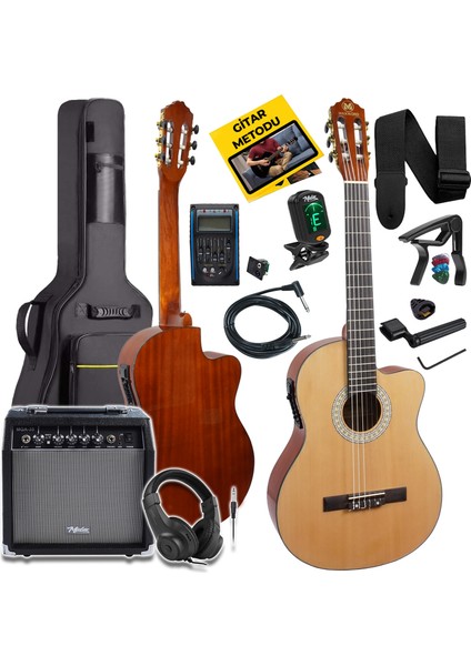 X47-EQ-AMP Profesyonel Masif Ağaç Amfili Elektro Klasik Gitar Seti Üst Segment