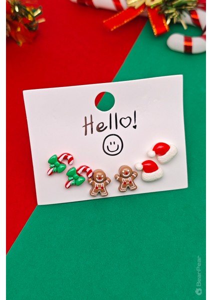 Yılbaşı Küpesi Noel Temalı 6'lı Küpe Set Baston Şeker Küpe