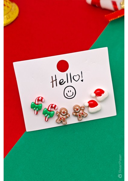 Yılbaşı Küpesi Noel Temalı 6'lı Küpe Set Baston Şeker Küpe