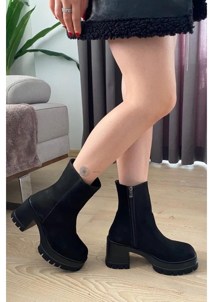 Kadın Pita Siyah Süet ( 8 cm ) Platfom Topuklu Fermuarlı Bot