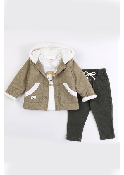 Erkek Bebek Kapşonlu İçi Peluş Ceketli 3'lü Takım