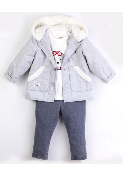 Erkek Bebek Kapşonlu İçi Peluş Ceketli 3'lü Takım