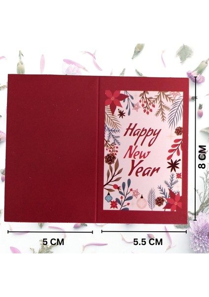 Yılbaşı Happy New Year Yazılı Hediye Kartı - Yeniyıl Tebrik & Not Kartı, 50 Adet, Kırmızı, 5.5x8.5 cm