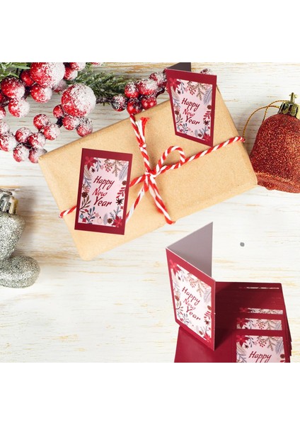 Yılbaşı Happy New Year Yazılı Hediye Kartı - Yeniyıl Tebrik & Not Kartı, 50 Adet, Kırmızı, 5.5x8.5 cm