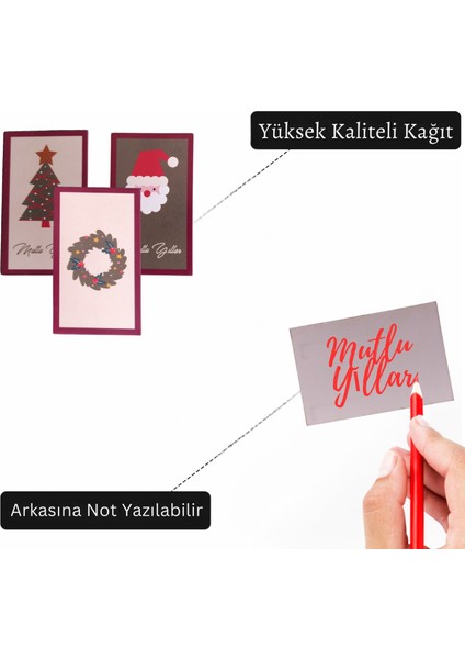 Yılbaşı Temalı Not Kartı Seti-3lü, Yeniyıl Hediye-Tebrik, Doğum Günü Kartları, 27 Adet, 4,5x7.5 cm