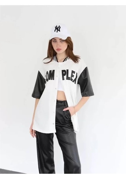 Miracotton Complex Kolları Deri Kolej Oversize T-Shirt - Beyaz